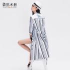 Embroidered Striped Buttoned Long Jacket With Sash