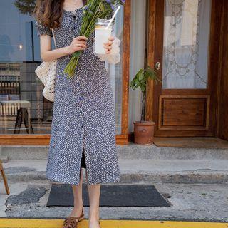 Puff-sleeve Floral Print Dress Navy Blue - One Size