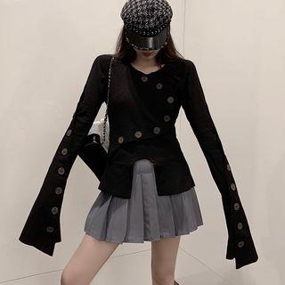 Buttoned Flared-sleeve Blouse Black - One Size