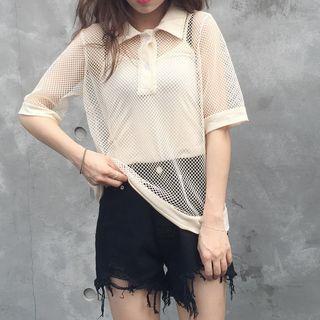 Set : Mesh Short-sleeve Polo Shirt + Spaghetti Strap Top