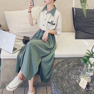 Elbow-sleeve Color Block Panel Dress With Belt