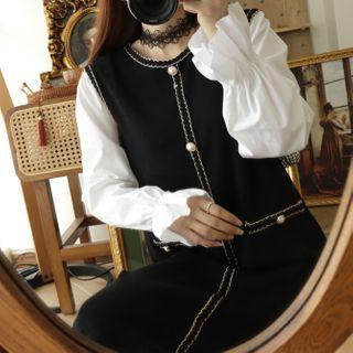 Puff-sleeve Knit Shift Dress Black - One Size