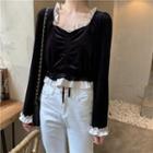 Ruffle Trim Velvet Long-sleeve Top