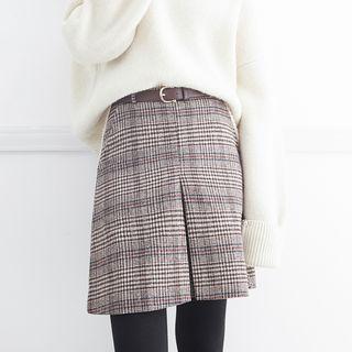 Plaid Wool Skirt With Belt