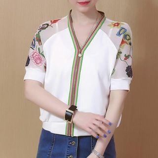 Floral Sheer Panel Short-sleeve Jacket