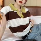 Cap-sleeve Color Block Pointelle Knit Top Coffee & White - One Size