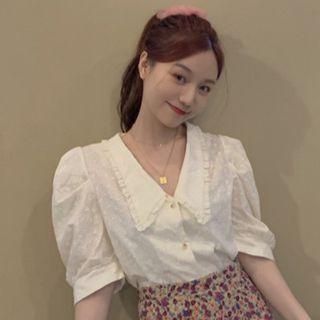 Balloon-sleeve Eyelet Lace Blouse Almond - One Size