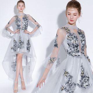 Embellished Mesh Panel Long-sleeve Evening Dress