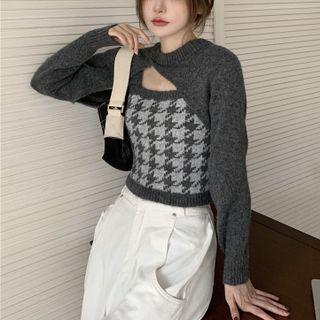 Houndstooth Camisole Top / Irregular Knit Crop Top