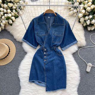 Short-sleeve Lapel Asymmetrical Hem Denim Dress