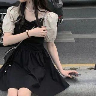 Puff-sleeve Two-tone Mini Smock Dress