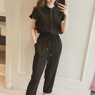 Set: Short-sleeve Plain Blouse + Drawstring-waist Pants