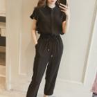 Set: Short-sleeve Plain Blouse + Drawstring-waist Pants