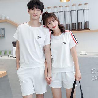 Couple Matching Set: Contrast Trim Short Sleeve T-shirt + Shorts / Pants