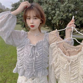 Long-sleeve Dotted Ruched Chiffon Blouse