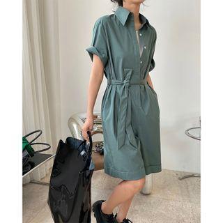 Short-sleeve Tie-waist Cargo Romper Green - One Size