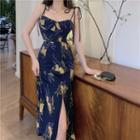 Spaghetti Strap Floral Slit Midi Sheath Dress Dark Blue - One Size