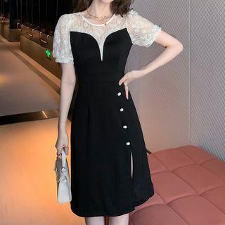 Short-sleeve Mock Two-piece Lace Panel Midi Dress