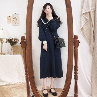 Long-sleeve Collared Lace Trim Midi A-line Dress