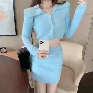 Long-sleeve Cropped Knit Top / Knit Mini Pencil Skirt