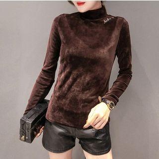 Mock Neck Velvet Lettering Long-sleeve T-shirt