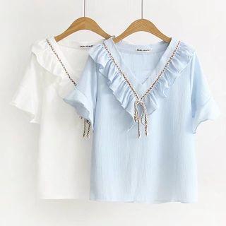 Frilled Chevron Short-sleeve T-shirt