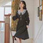 Lace Panel Collared Striped Long-sleeve Dress