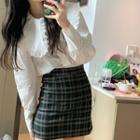 Long-sleeve Lace Collar Blouse / Plaid Mini Pencil Skirt