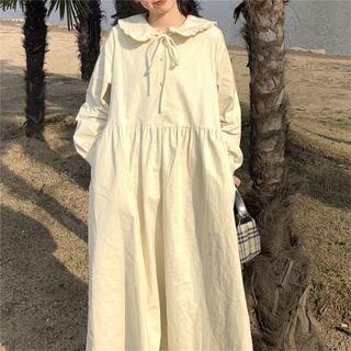 Balloon-sleeve Ruffled Collared Midi A-line Dress As Shown In Figure - One Size