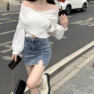Off-shoulder Smocked Crop Blouse White - One Size