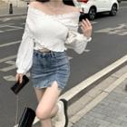 Off-shoulder Smocked Crop Blouse White - One Size