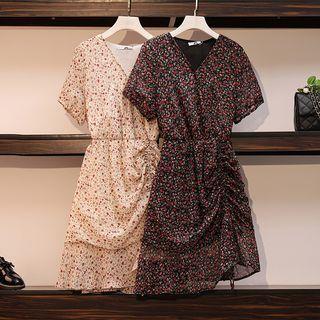 Short Sleeve V-neck Floral Drawstring A-line Dress