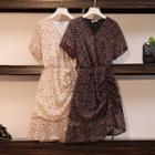 Short Sleeve V-neck Floral Drawstring A-line Dress