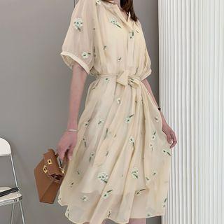 Set: Slipdress + Short-sleeve Flower Embroidered Shift Dress