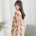 Off-shoulder Floral Print Elbow-sleeve Chiffon Top
