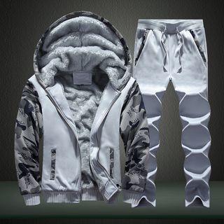 Set: Camo Panel Hooded Padded Coat + Drawstring Pants