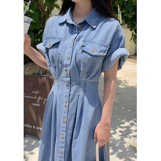 Flared Denim Long Shirtdress Light Blue - One Size