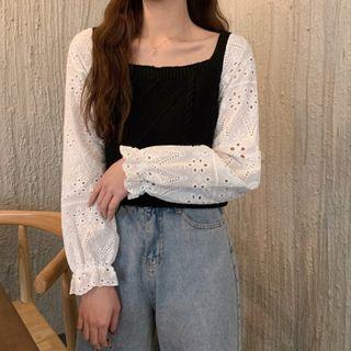 Square-neck Eyelet Panel Knit Top