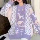 Patterned Sweater Purple & White & Pink - One Size