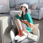 Color-block Crewneck Loose-fit Long-sleeve Knit Top / Plain High-waist A-line Skirt