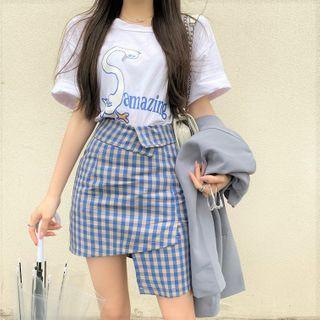 Short-sleeve Graphic Print T-shirt / Plaid Irregular Mini Skirt