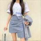 Short-sleeve Graphic Print T-shirt / Plaid Irregular Mini Skirt