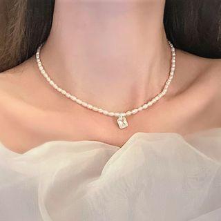 Rectangle Rhinestone Pendant Freshwater Pearl Necklace White - One Size