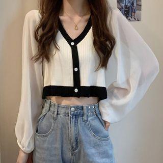 Long-sleeve V-neck Contrast Sheer Cardigan