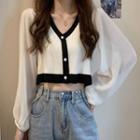 Long-sleeve V-neck Contrast Sheer Cardigan