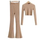 Set: Long-sleeve Knit Crop Top + High-waist Boot-cut Pants
