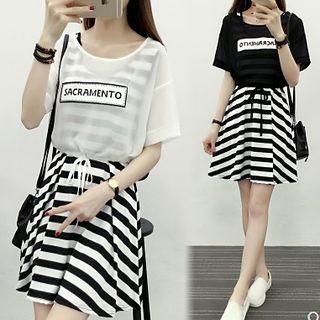 Set: Striped Sleeveless A-line Dress + Short-sleeve Cover-up Top