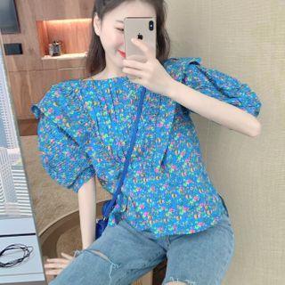 Tie-back Floral Loose Blouse Blue - One Size