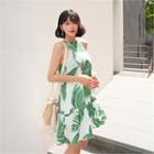 Halter-neck Sleeveless Foliage Mini Dress