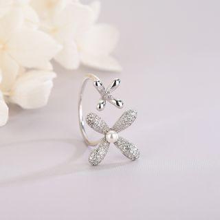 925 Sterling Silver Rhinestone Flower Open Ring Rs519 - Silver - One Size